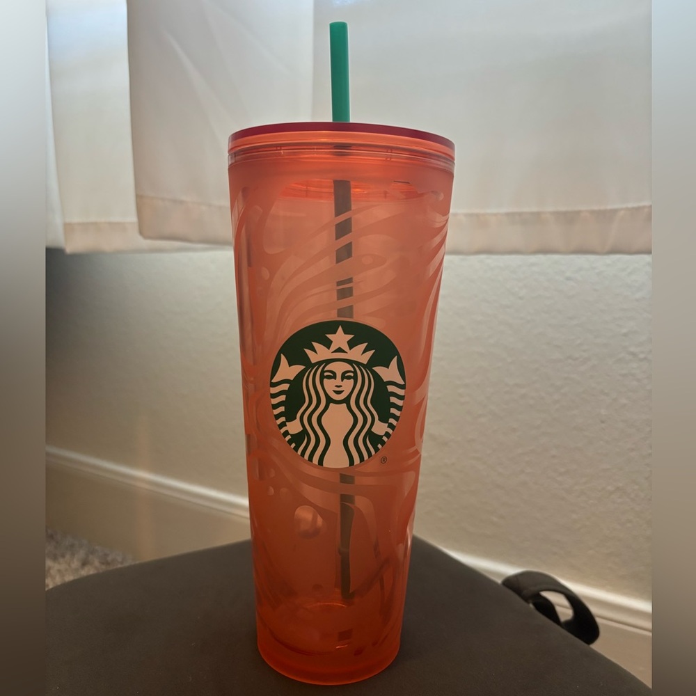 Starbucks Bright Orange Tumbler with Green Straw